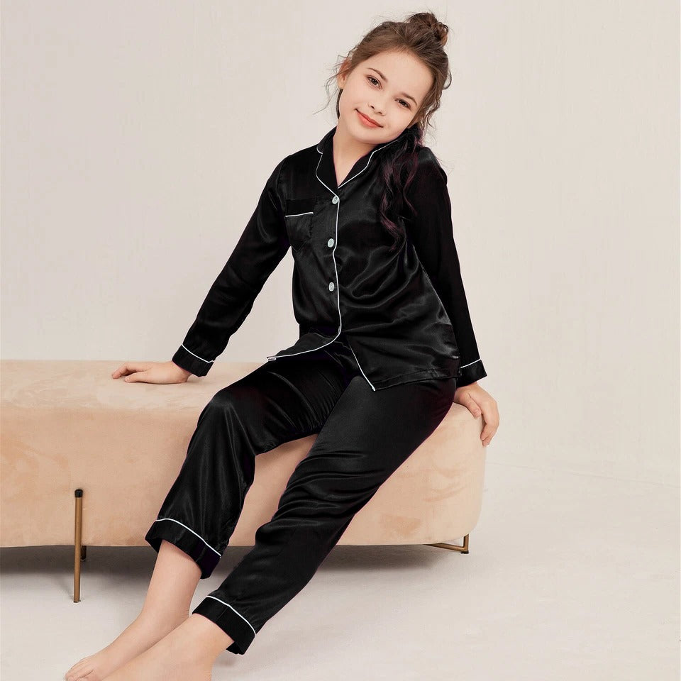 Satin Silk Pajama Set – Soft Button Down Night Suit for Kids