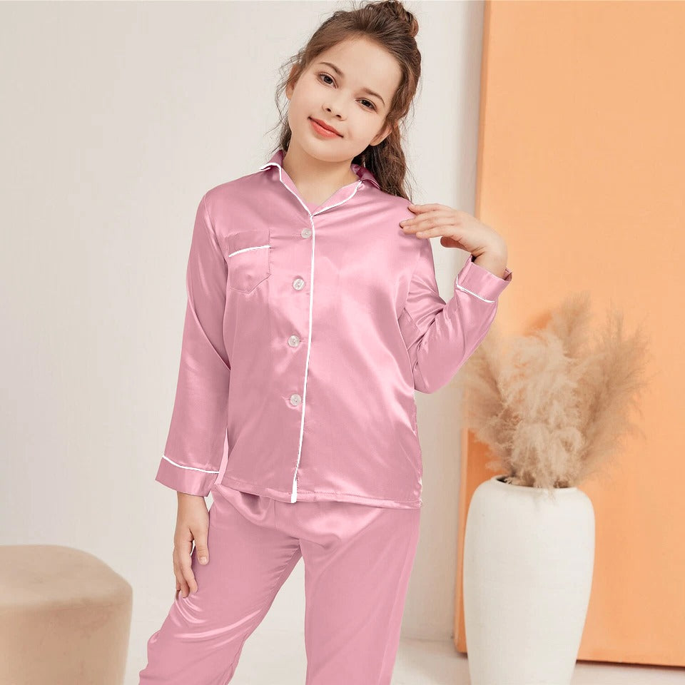 Satin Silk Pajama Set – Soft Button Down Night Suit for Kids